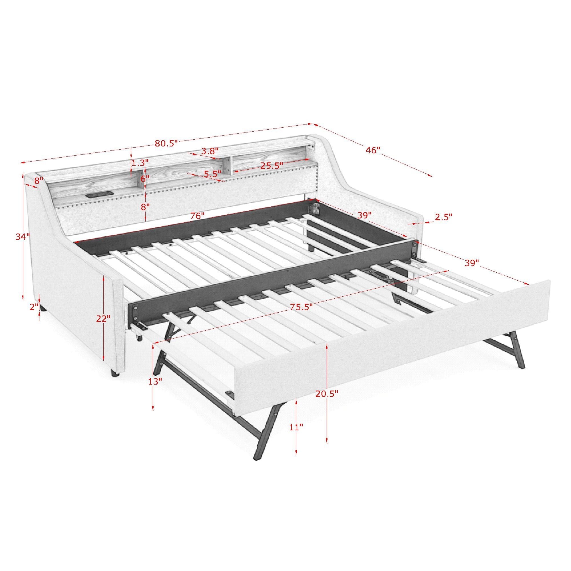 Upholstered Sofa Bed With LED Lights, Storage Headboard, Foldable Trundle &amp; Wireless Charging