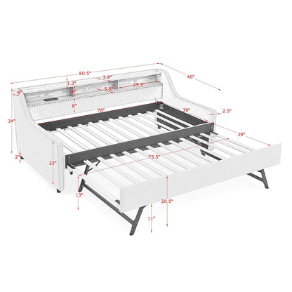Upholstered Sofa Bed With LED Lights, Storage Headboard, Foldable Trundle &amp; Wireless Charging