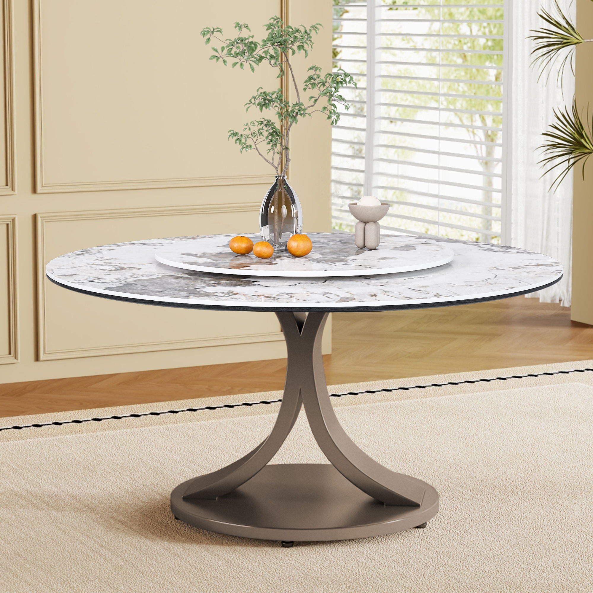 Round Dining Table With 360° Rotating Lazy Susan Scratch &amp; Heat - Dark Purple / White