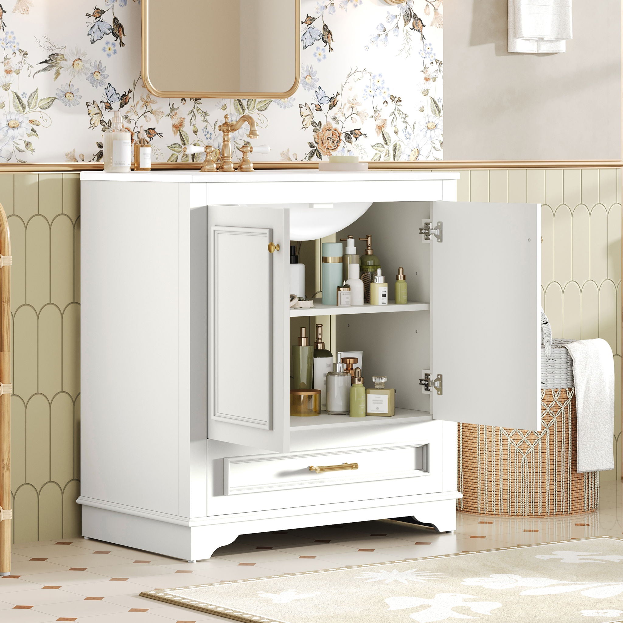 Bathroom Vanity With Sink, Cabinet &amp; 2 Soft Closing Doors &amp; Adjustable Shelf