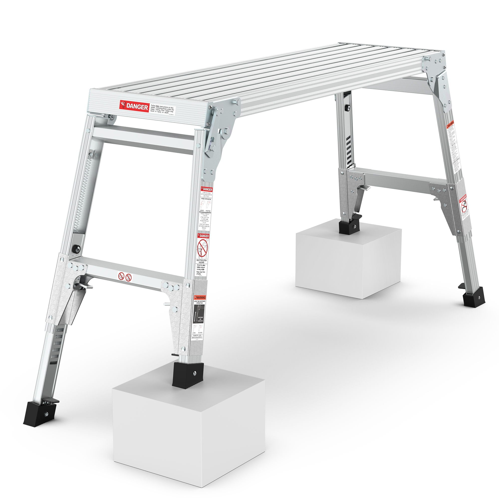 Aluminum Work Platform Large Size Step Stool Folding Portable Work Bench 40&quot; Width Telescopic Feet Height Adjustable - Gray