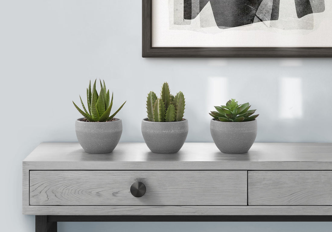 6&quot; Tall, Artificial Plant, Succulent, Indoor, Faux, Fake, Table, Greenery, Potted, Decorative (Set of 3) - Green / Gray