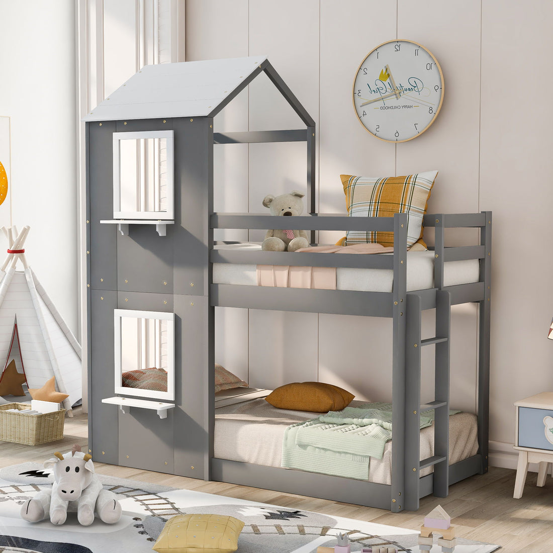 Bunk Bed Wood Bed &amp; Roof, Window, Guardrail, Ladder