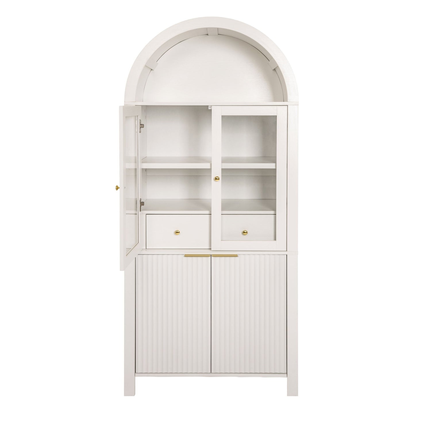 Fluted Tall Arched Pantry Cabinet With Adjustable Shelves, Glass Door &amp; Hidden Drawer For Kitchen