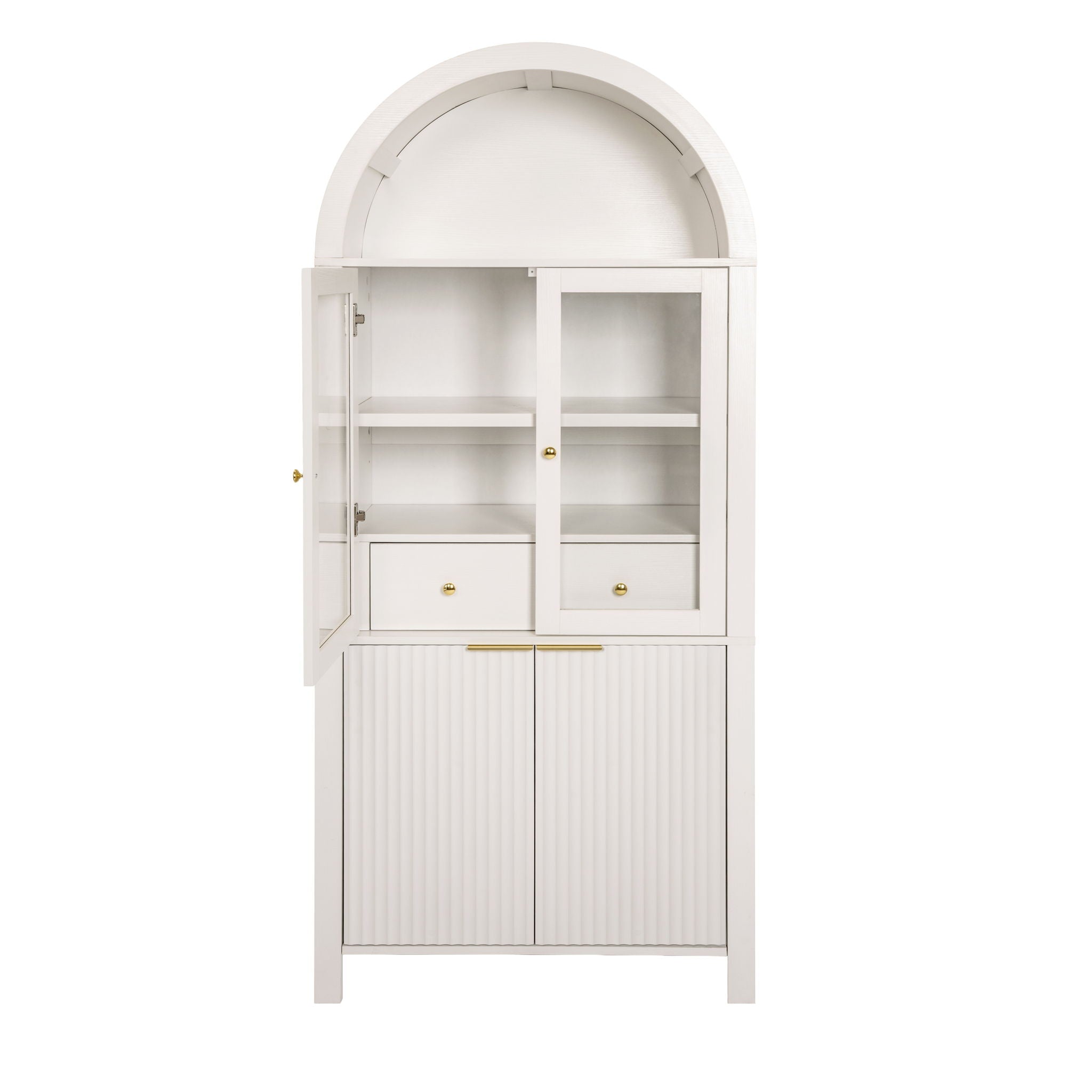 Fluted Tall Arched Pantry Cabinet With Adjustable Shelves, Glass Door &amp; Hidden Drawer For Kitchen