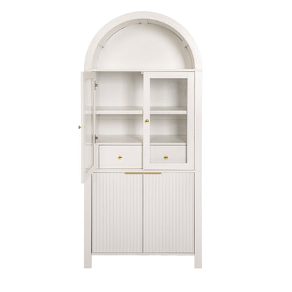 Fluted Tall Arched Pantry Cabinet With Adjustable Shelves, Glass Door &amp; Hidden Drawer For Kitchen