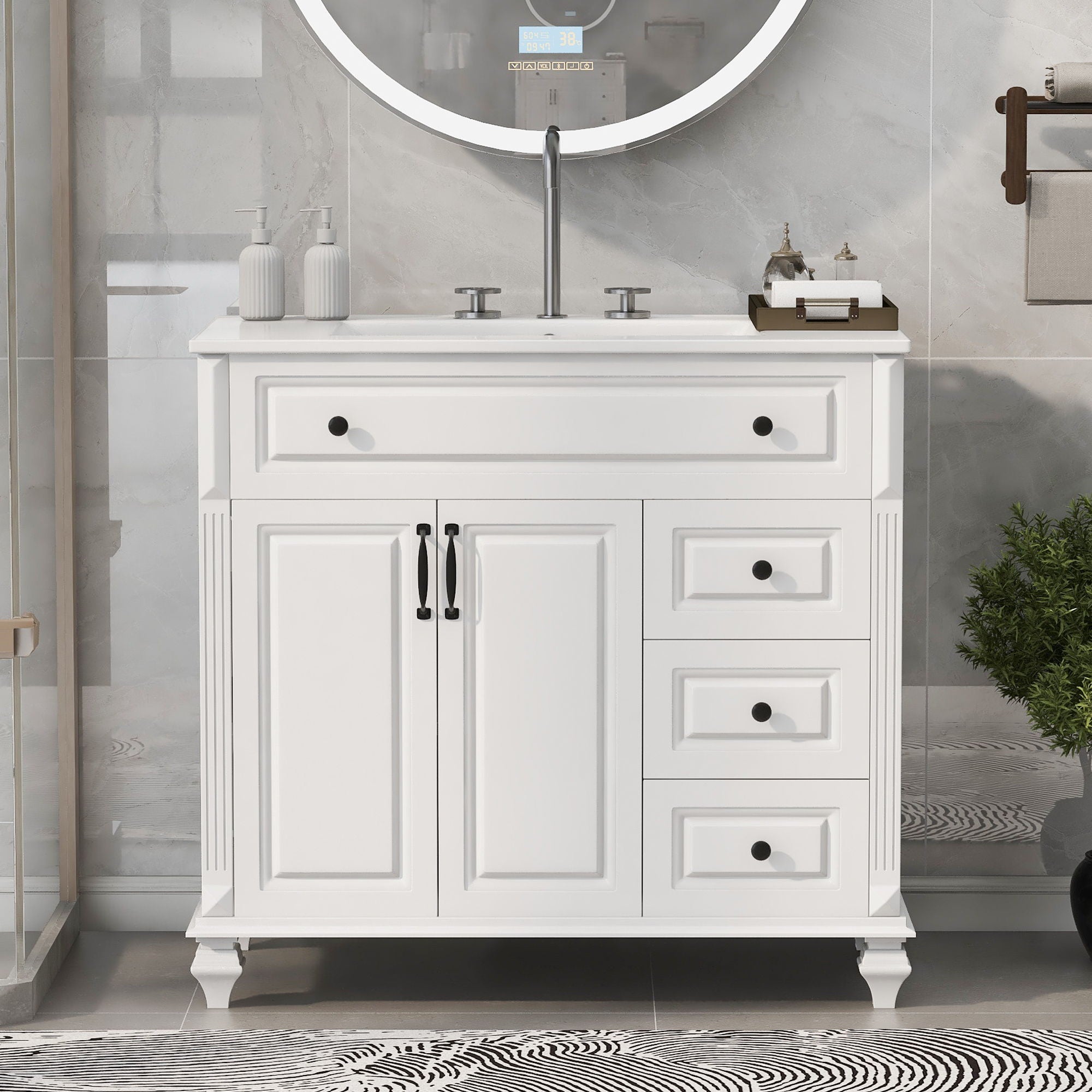Modern Bathroom Vanity With Sink, 3 Drawers &amp; 2 Doors