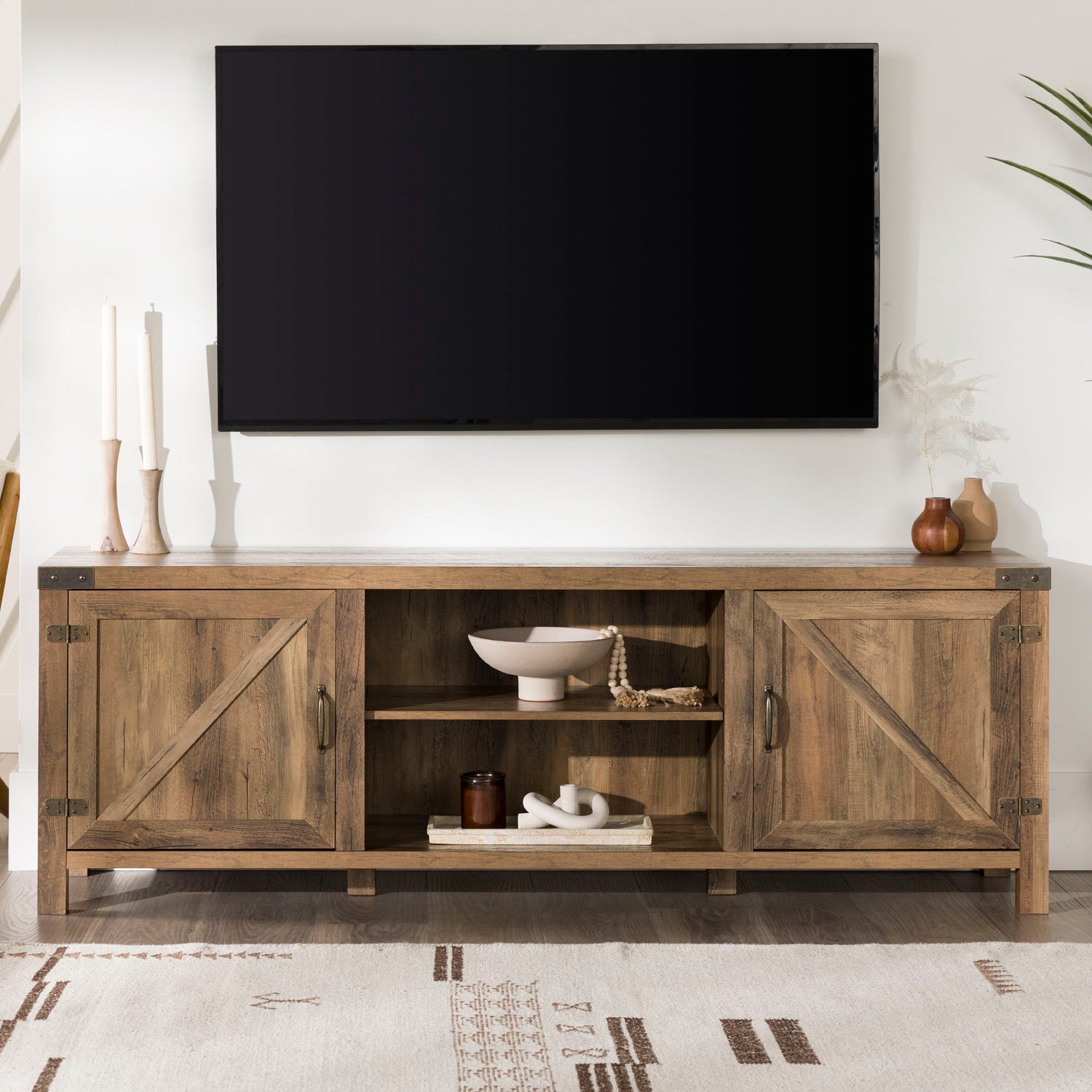 Rustic Farmhouse Double Barn Door 70&quot; TV Stand For 80&quot; TVs With Center Shelves