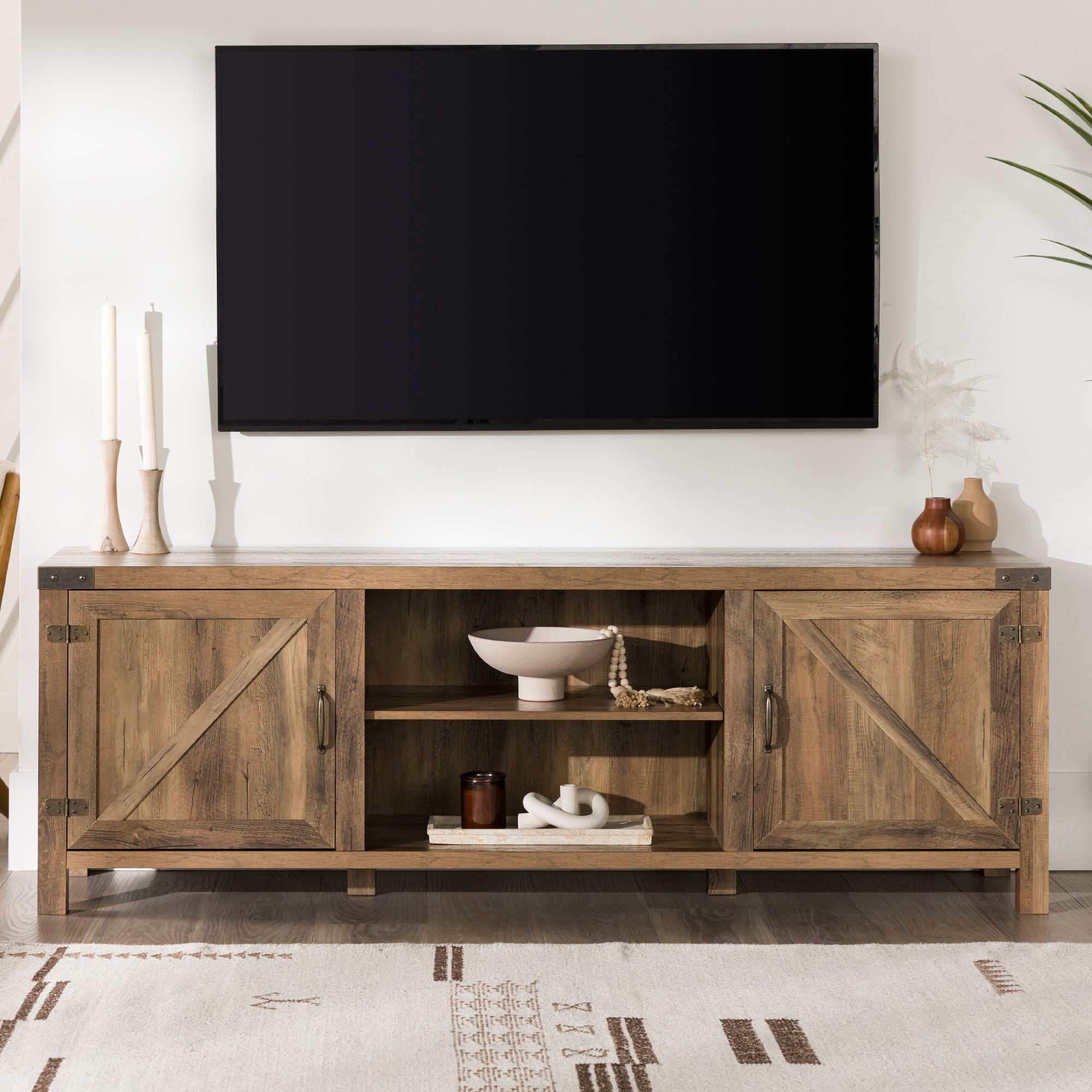 Rustic Farmhouse Double Barn Door 70&quot; TV Stand For 80&quot; TVs With Center Shelves