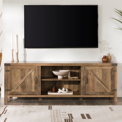 Rustic Farmhouse Double Barn Door 70&quot; TV Stand For 80&quot; TVs With Center Shelves