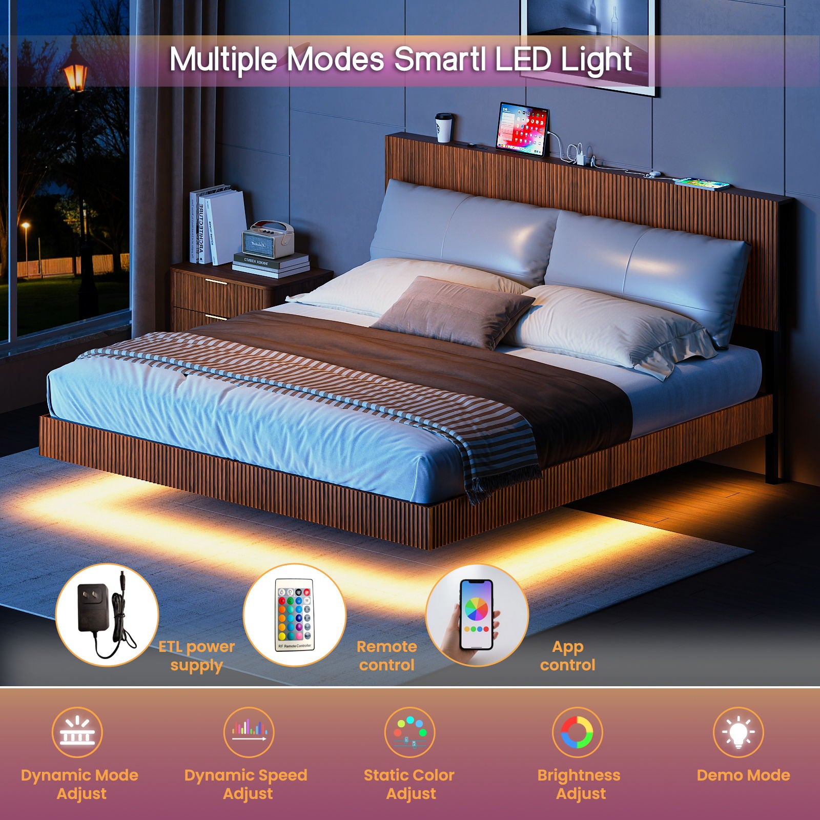 Floating Bedstead With Charging Station And LED Lights