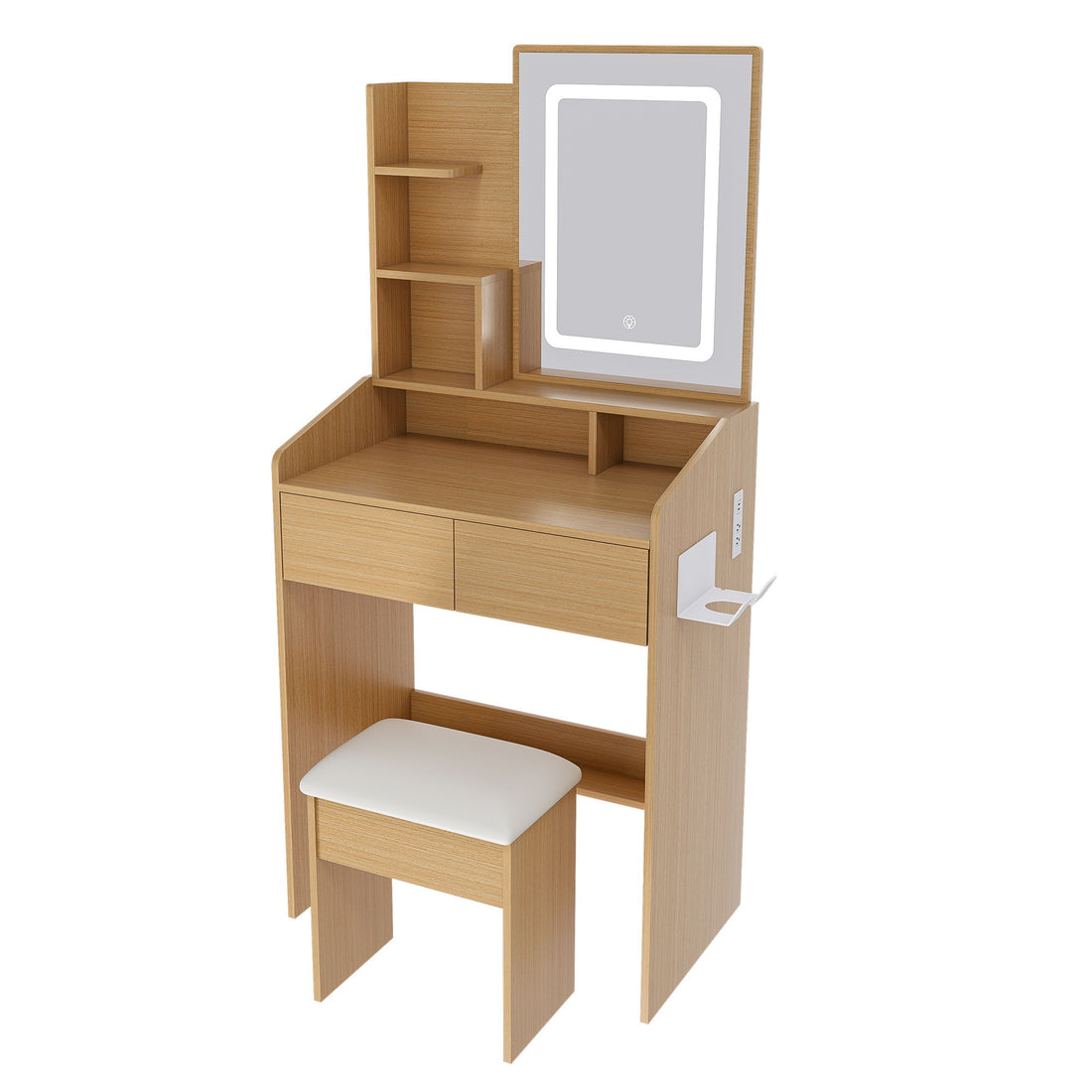 Vanity Table With LED Mirror, Power Outlet, Hairdryer Holder &amp; Padded Stool, Compact Dressing Desk For Small Bedrooms - Wood