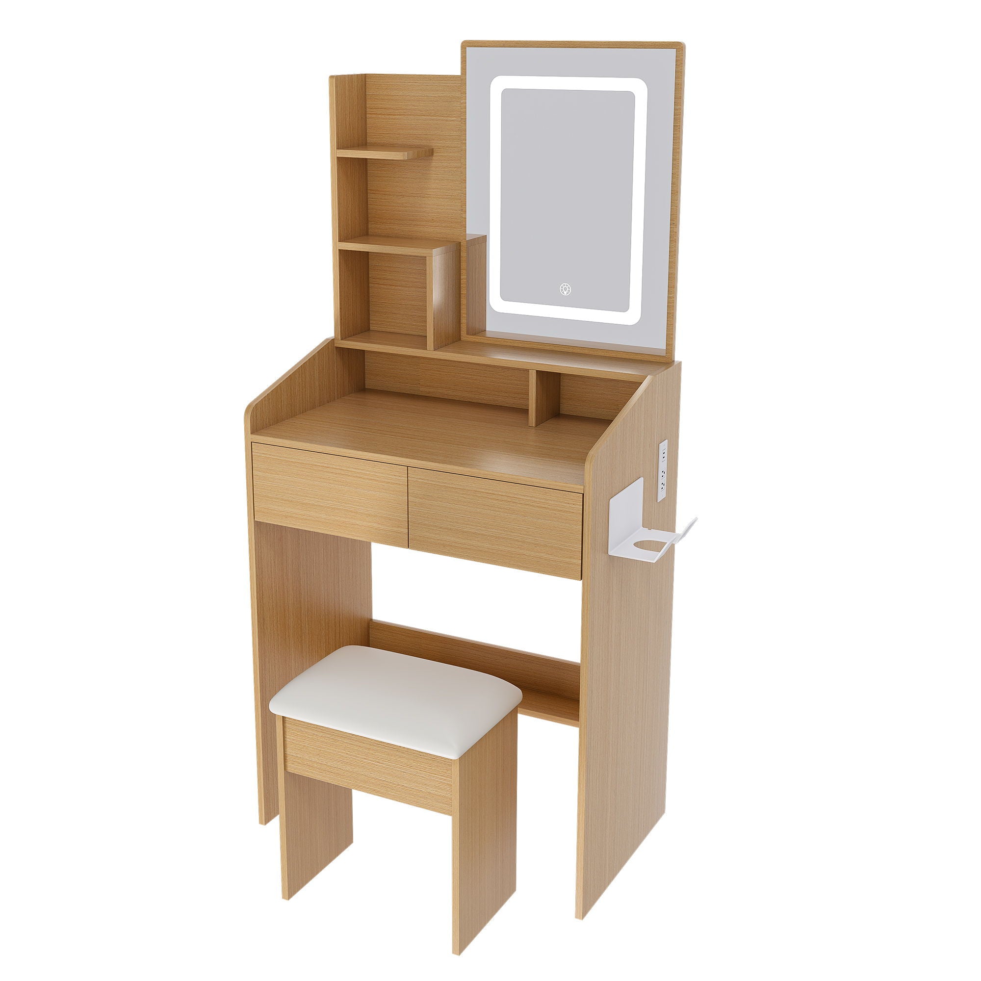 Vanity Table With LED Mirror, Power Outlet, Hairdryer Holder &amp; Padded Stool, Compact Dressing Desk For Small Bedrooms - Wood