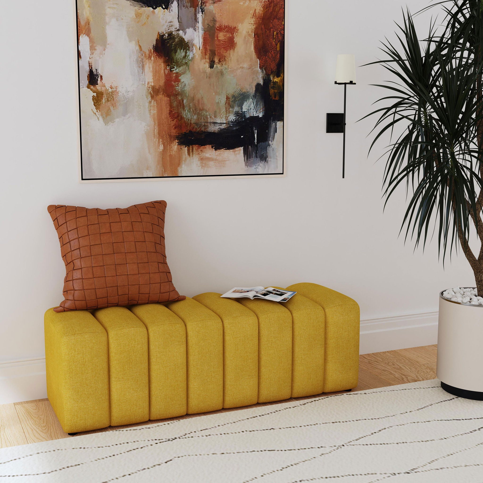 Modern Upholstered Tufted Accent Bench &amp; Round Legs