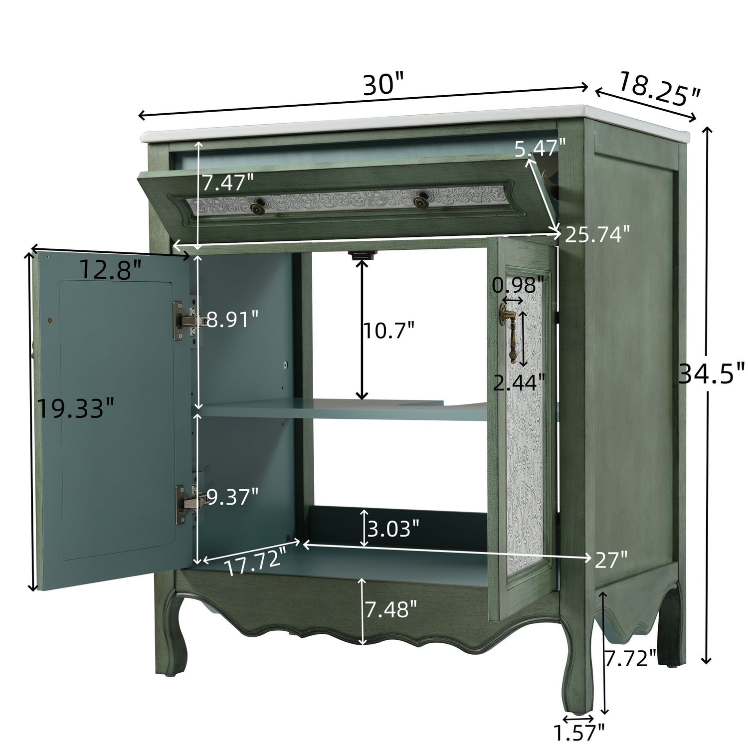 Bathroom Vanity With Rectangle Sink, Tip Out Tray - Antique Blue Green