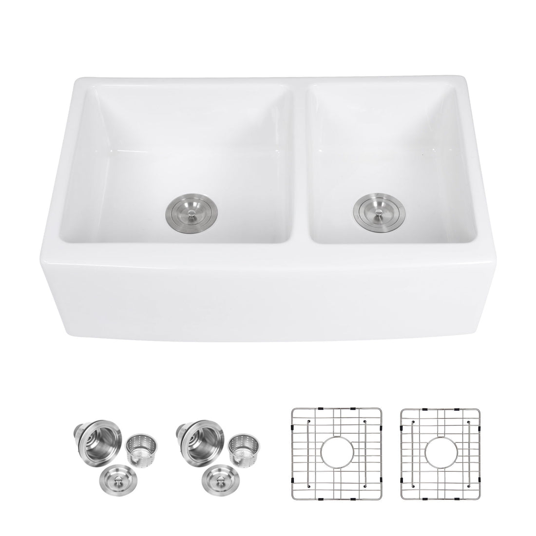 Sink 33&quot; Double Bowl 60 / 40 Kitchen Sink With Deep Basin And Grids - White