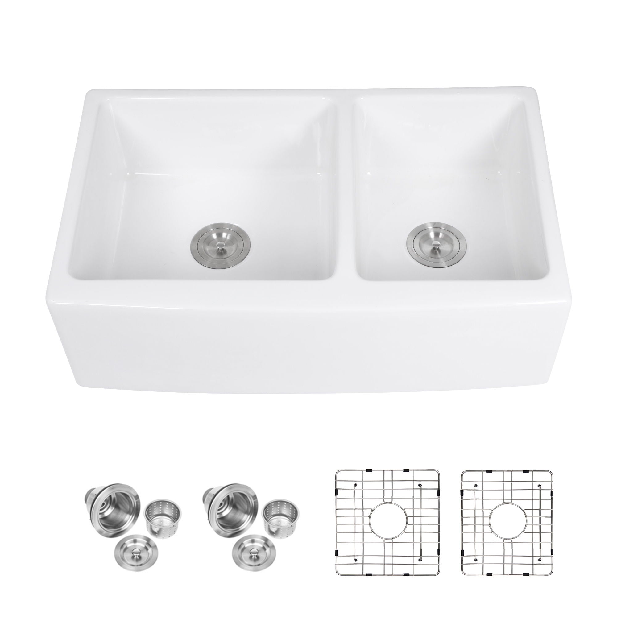 Sink 33&quot; Double Bowl 60 / 40 Kitchen Sink With Deep Basin And Grids - White