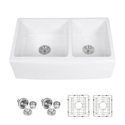 Sink 33&quot; Double Bowl 60 / 40 Kitchen Sink With Deep Basin And Grids - White