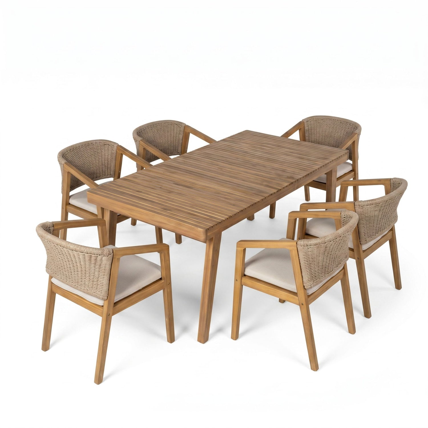 7 Piece Outdoor Dining Set With Rectangular Table And 6 Arm Chairs - Beige / Brown / Brown Mix / Light Teak