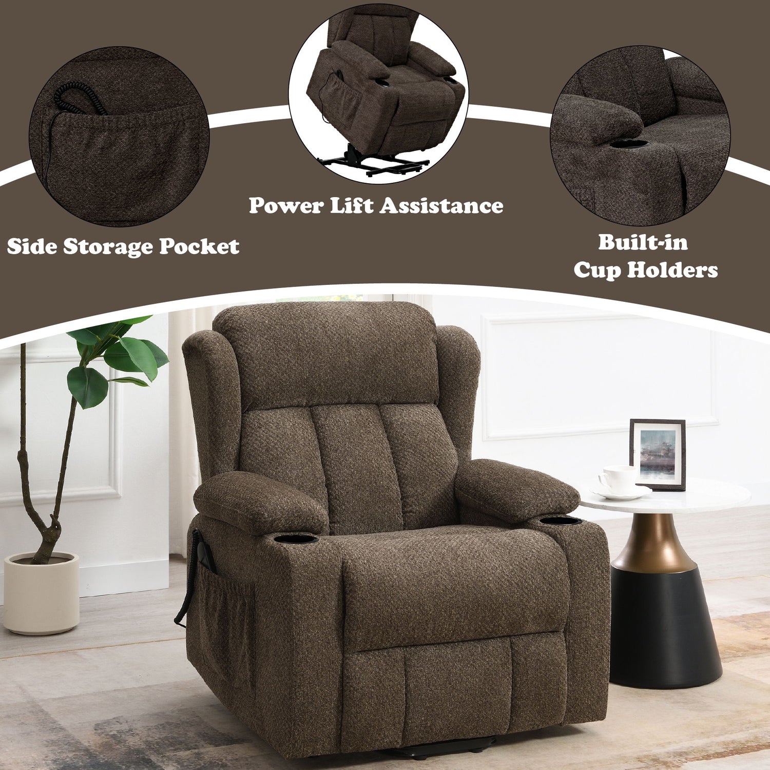 Lusio - Power Motion Recliner With Lift &amp; Cup Holder - Brown
