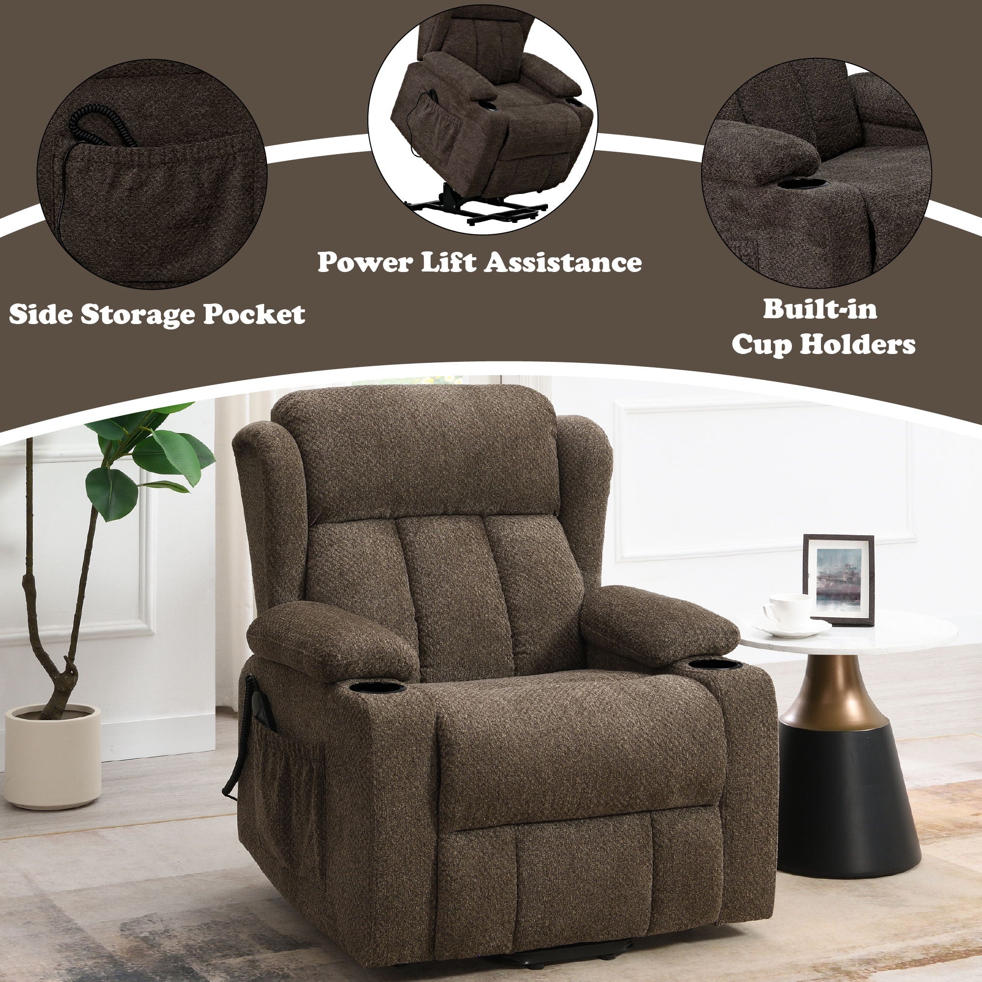 Lusio - Power Motion Recliner With Lift &amp; Cup Holder - Brown