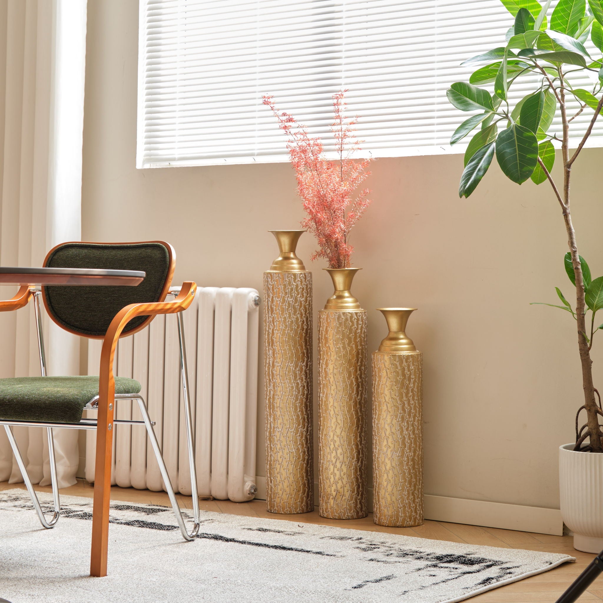 Metal Decorative Vases High Distress Metal Center Vases With Growing Vine Patterns, (Set of 3) Vases For Home Decoration - Gold