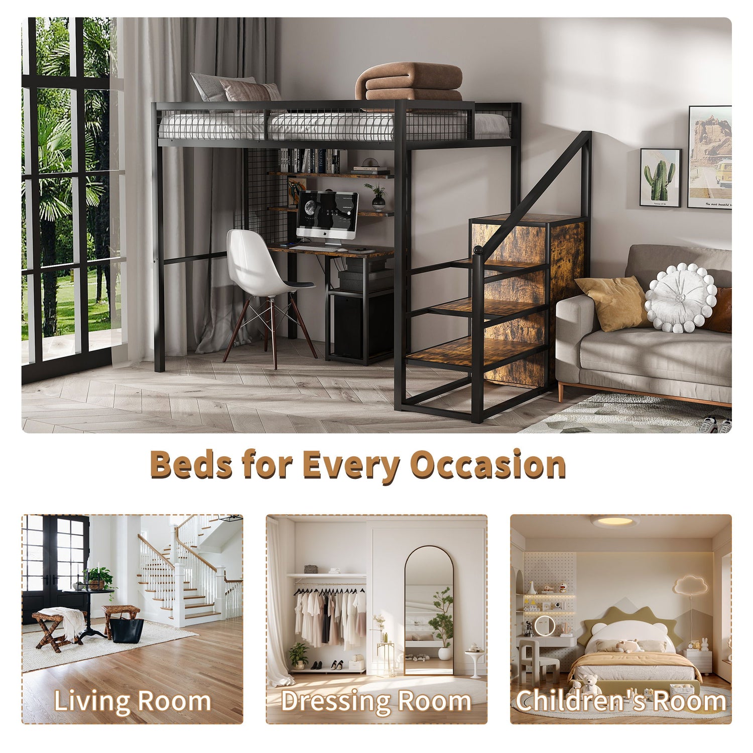 Full Size Loft Bed With Desk &amp; Wardrobe Heavy Frame, Built In Staircase, Storage Rack &amp; Shelves Gaming Bed - Black