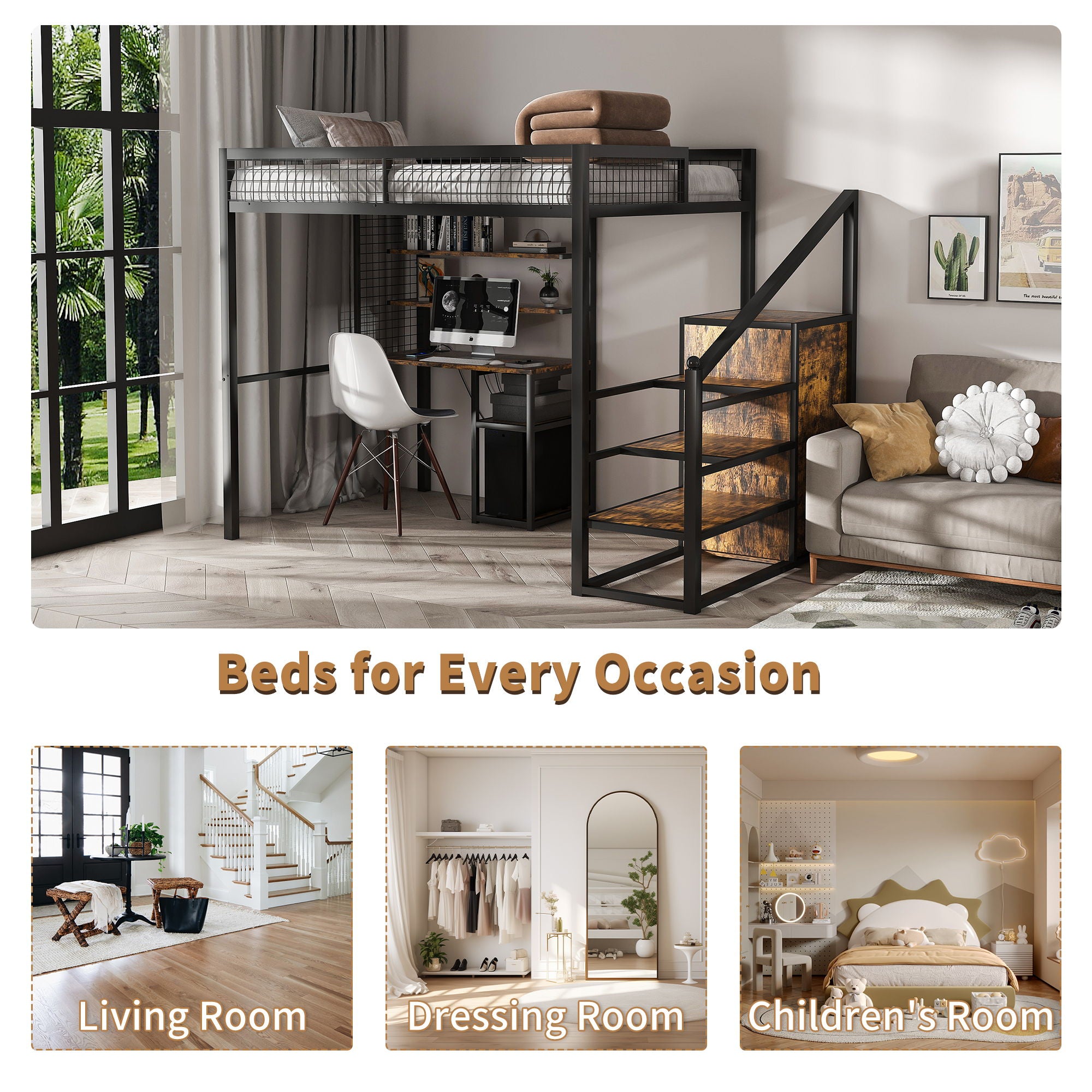 Full Size Loft Bed With Desk &amp; Wardrobe Heavy Frame, Built In Staircase, Storage Rack &amp; Shelves Gaming Bed - Black
