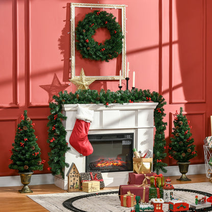 HOMCOM Prelit Holiday Christmas 4-Piece Set, Garland Wreath and Set of 2 Entrance Trees with Warm White LED Lights, Red Berries, Pine Cones, Green