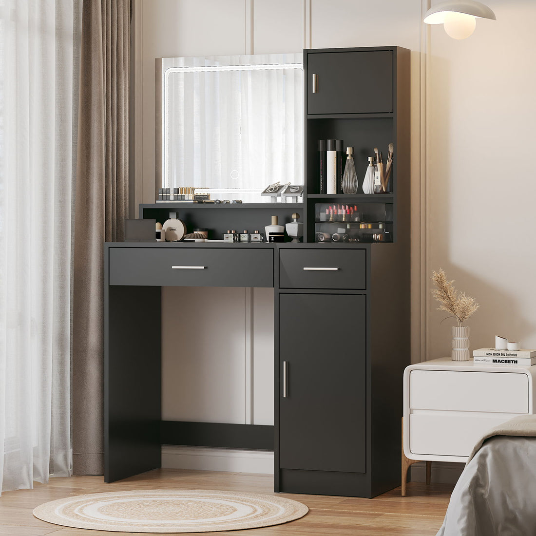 Vanity Desk With Mirror And LED Light Strip, Dressing Table With Large Drawer, 3 Level Storage Dresser &amp; 3 Lighting Modes Adjustable Brightness, Suitable For Bedroom