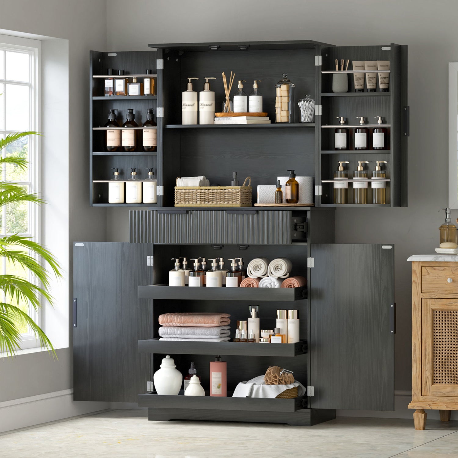 Fluted Kitchen Pantry Cabinet With 3 Keyboard Drawers &amp; 6 Door Shelves Adjustable