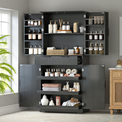 Fluted Kitchen Pantry Cabinet With 3 Keyboard Drawers &amp; 6 Door Shelves Adjustable
