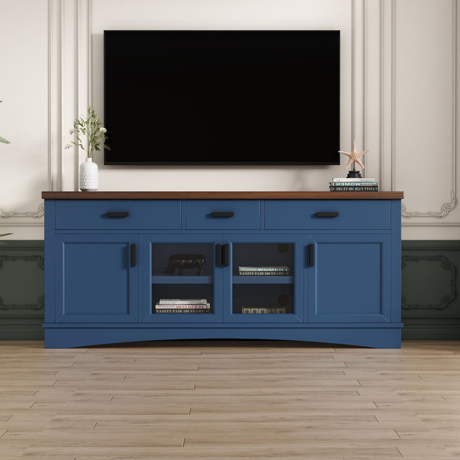 TV Console Stand, Glass Doors &amp; Storage Drawers, Adjustable Shelves
