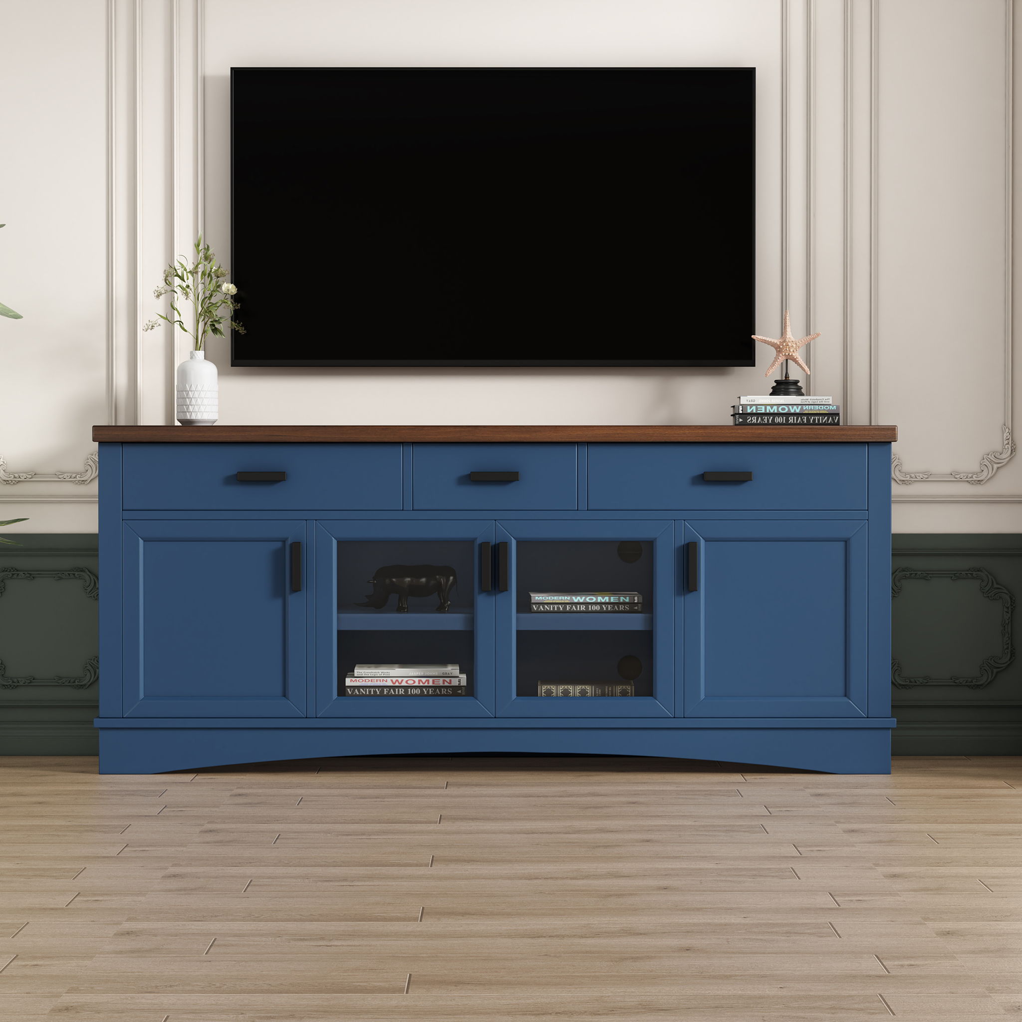 TV Console Stand, Glass Doors &amp; Storage Drawers, Adjustable Shelves