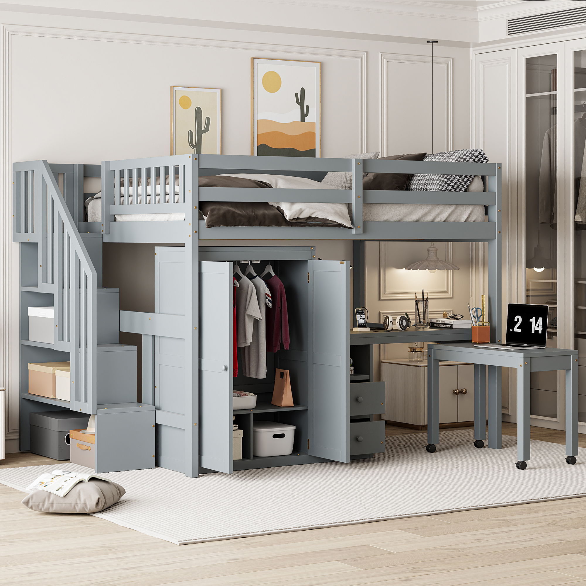 Loft Bed With Stairs, Bookshelf, Drawers, Desk &amp; Wardrobe, Space Saving Multifunctional Furniture