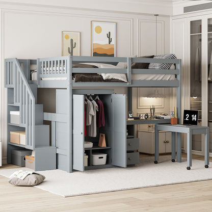Loft Bed With Stairs, Bookshelf, Drawers, Desk &amp; Wardrobe, Space Saving Multifunctional Furniture