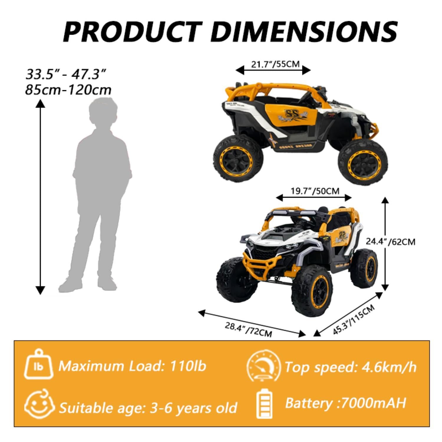 Ride On Models 12V Kids Electric Truck With Remote Control, Front &amp; Rear Suspension, 2 Seater UTV, Flashlights, Music Player - Yellow / White