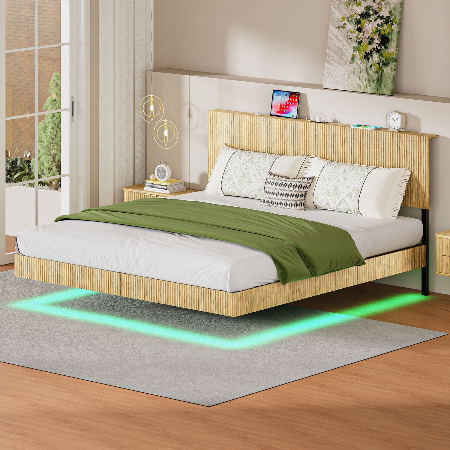 Floating Bedstead With Charging Station And LED Lights
