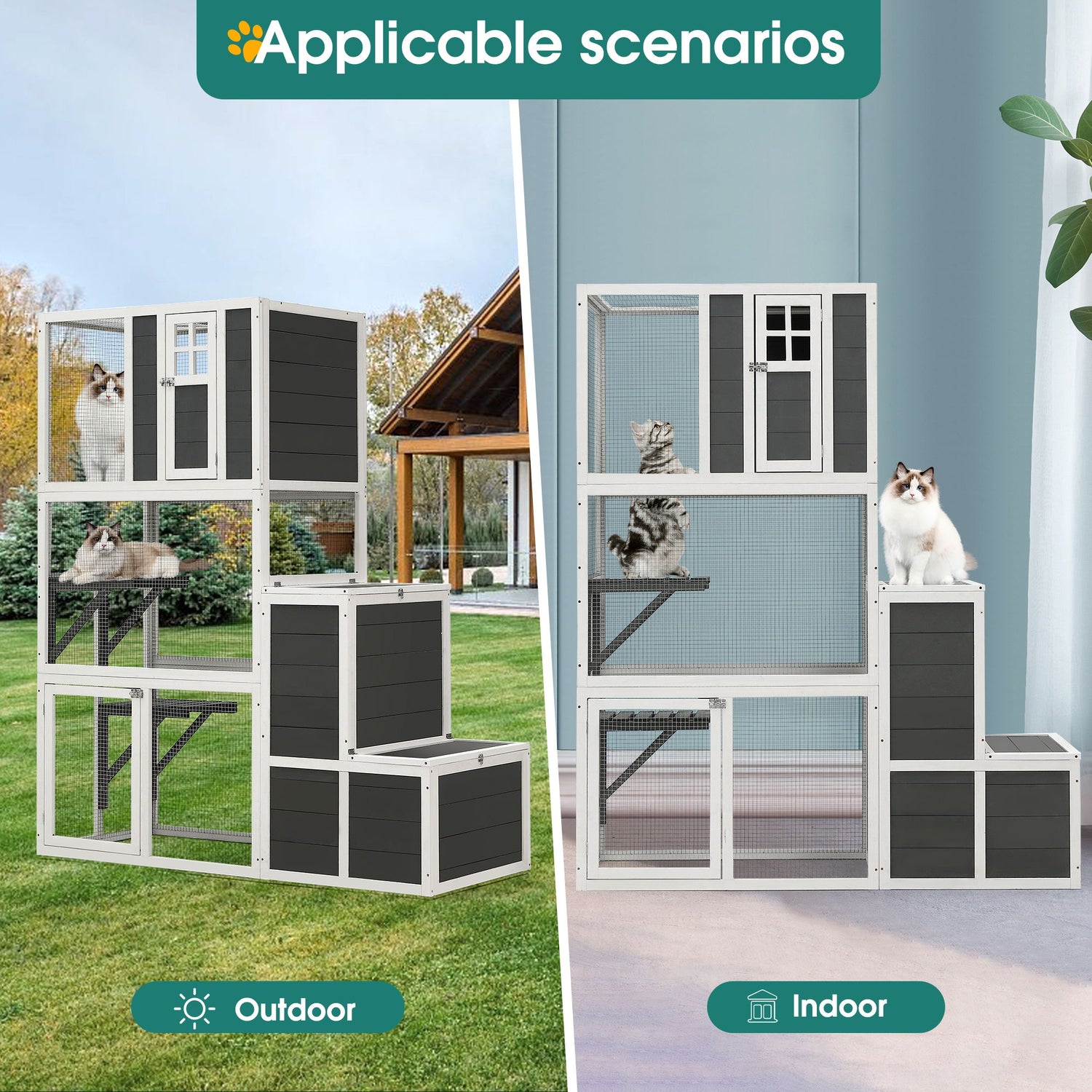 3 Tier Wooden Outdoor &amp; Indoor Cat House Suitable For 1-3 Cats Cat Enclosure Resting Box With 4 Platforms And 2 Doors Cat Shelter Kitty House With A Jump Box For Hiding And Resting Cat Cage - Gray