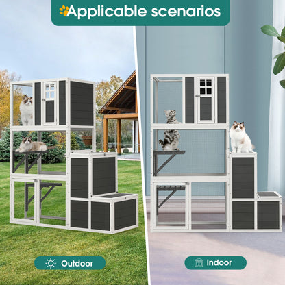 3 Tier Wooden Outdoor &amp; Indoor Cat House Suitable For 1-3 Cats Cat Enclosure Resting Box With 4 Platforms And 2 Doors Cat Shelter Kitty House With A Jump Box For Hiding And Resting Cat Cage - Gray