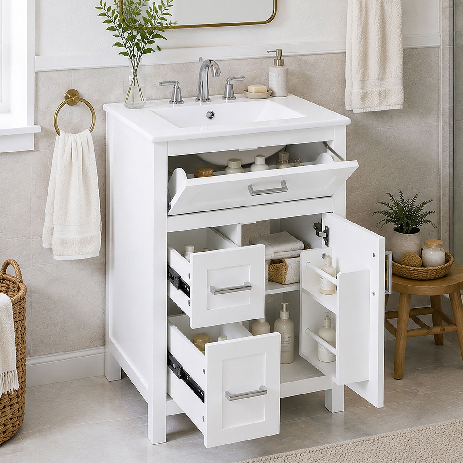 Modern Bathroom Vanity With Sink, Flip Drawer &amp; 2 Drawers, Soft Close Hinges, Adjustable Shelf