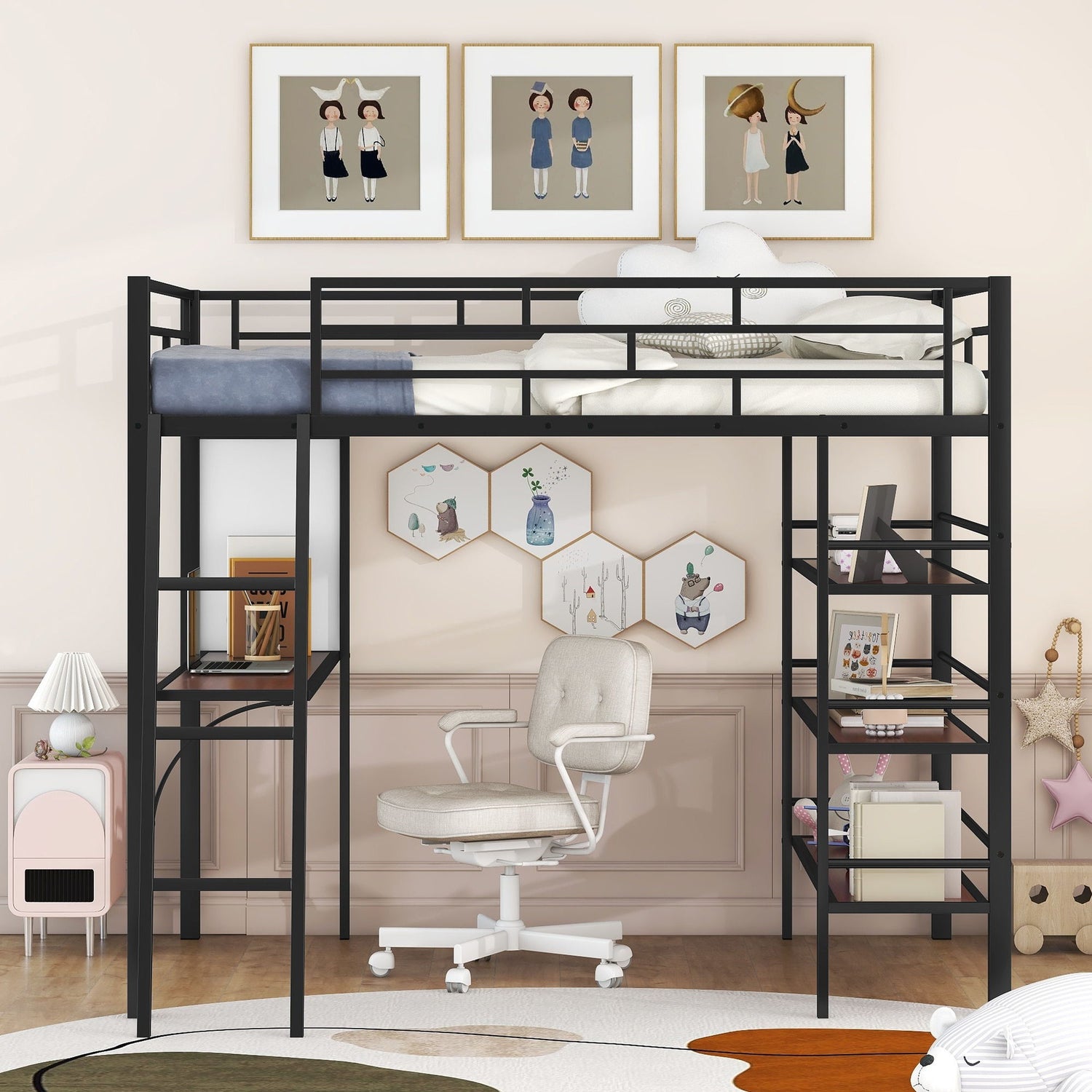 Bed With 3 Layers Of Shelves And Desk, Stylish Frame Bed