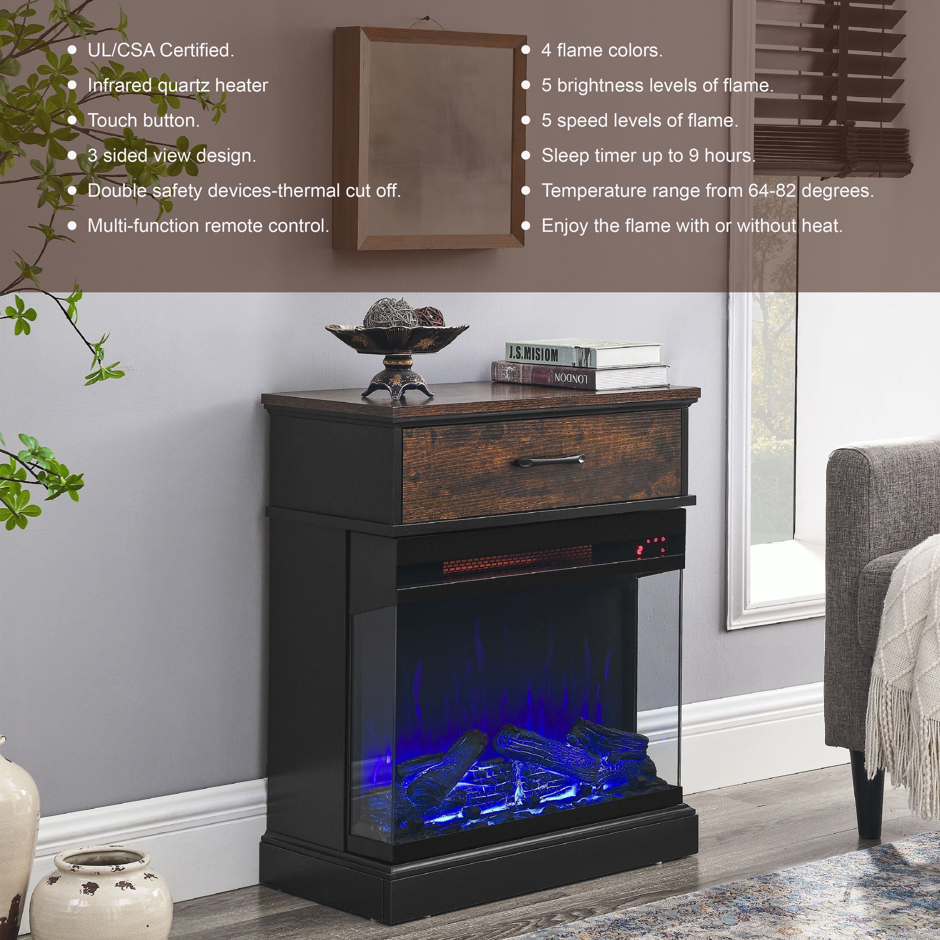 25&quot; Stand Side Table With 3-Sided Glass Electric Fireplace - Antique Black