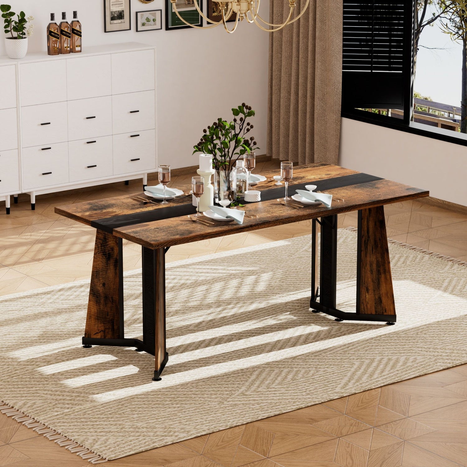Rustic Rectangular Large Dining Table, Waterproof Desk For 8 People, &amp; Steel With Adjustable Legs - Black / Rustic Brown