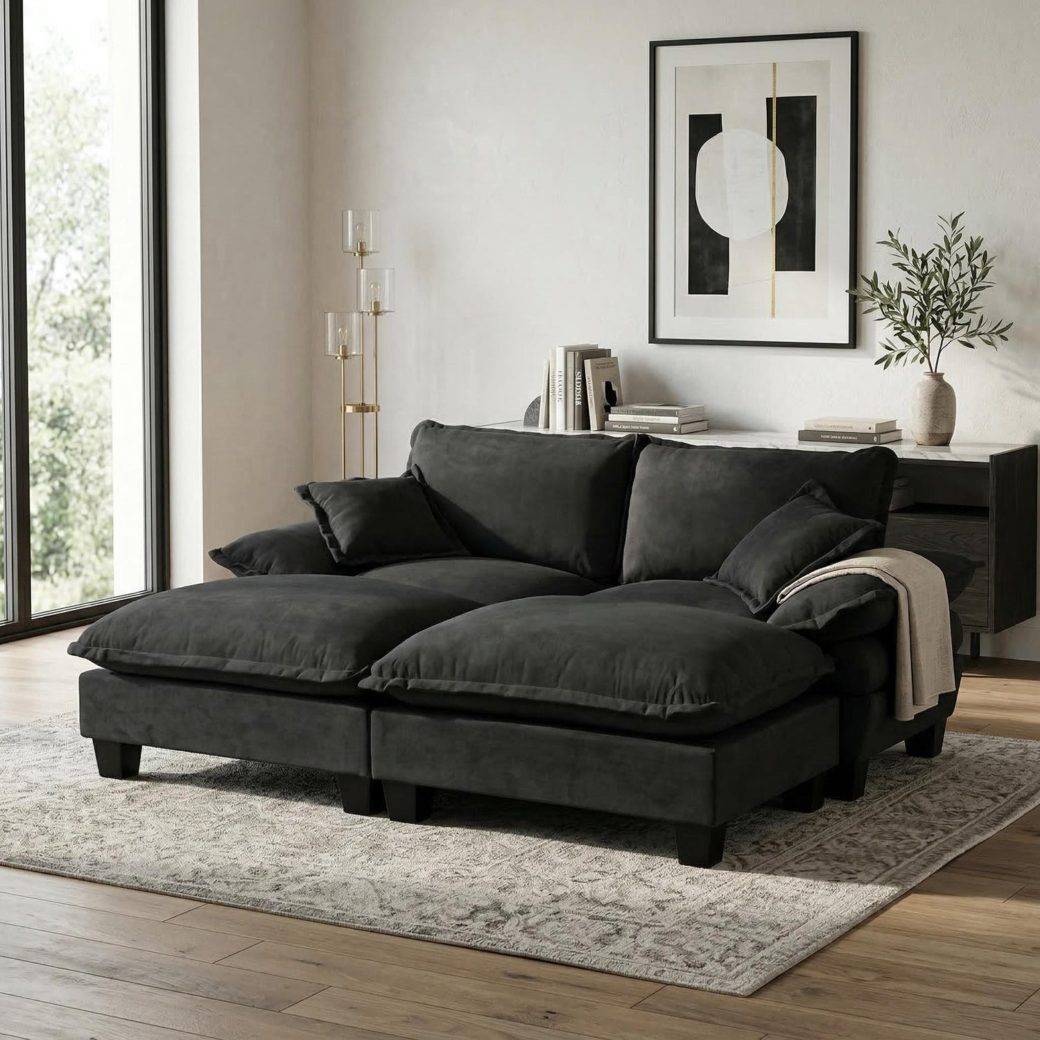 Modular Sectional Sofa With Movable Ottoman &amp; Pillows