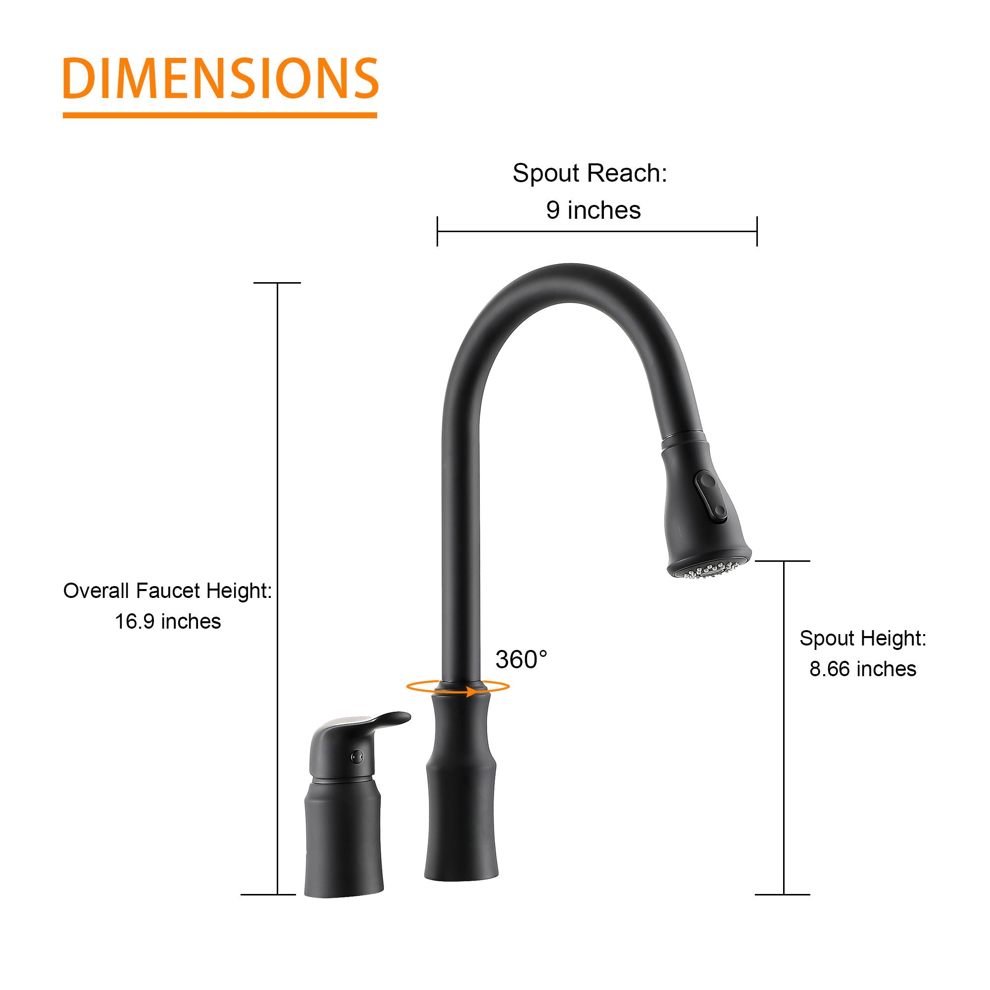 16.9&quot; Kitchen Sink Faucet With Separate Handle And Pull Down Sprayer, Lead Free Brass - Matte Black
