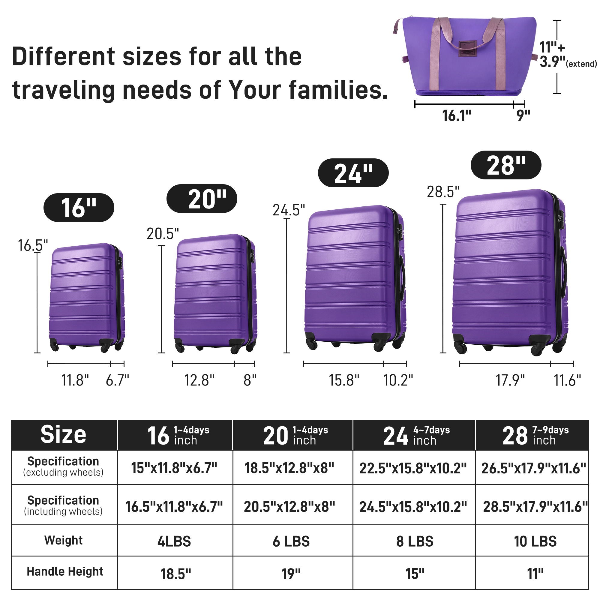 Hardshell Luggage Sets 4 Pieces + Bag Spinner Suitcase With Tsa Lock Lightweight - 16&quot; / 20&quot; / 24&quot; / 28&quot; Luggages