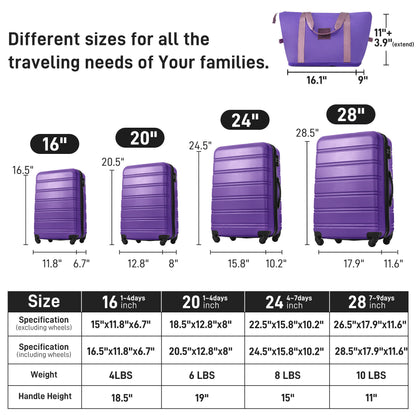 Hardshell Luggage Sets 4 Pieces + Bag Spinner Suitcase With Tsa Lock Lightweight - 16&quot; / 20&quot; / 24&quot; / 28&quot; Luggages