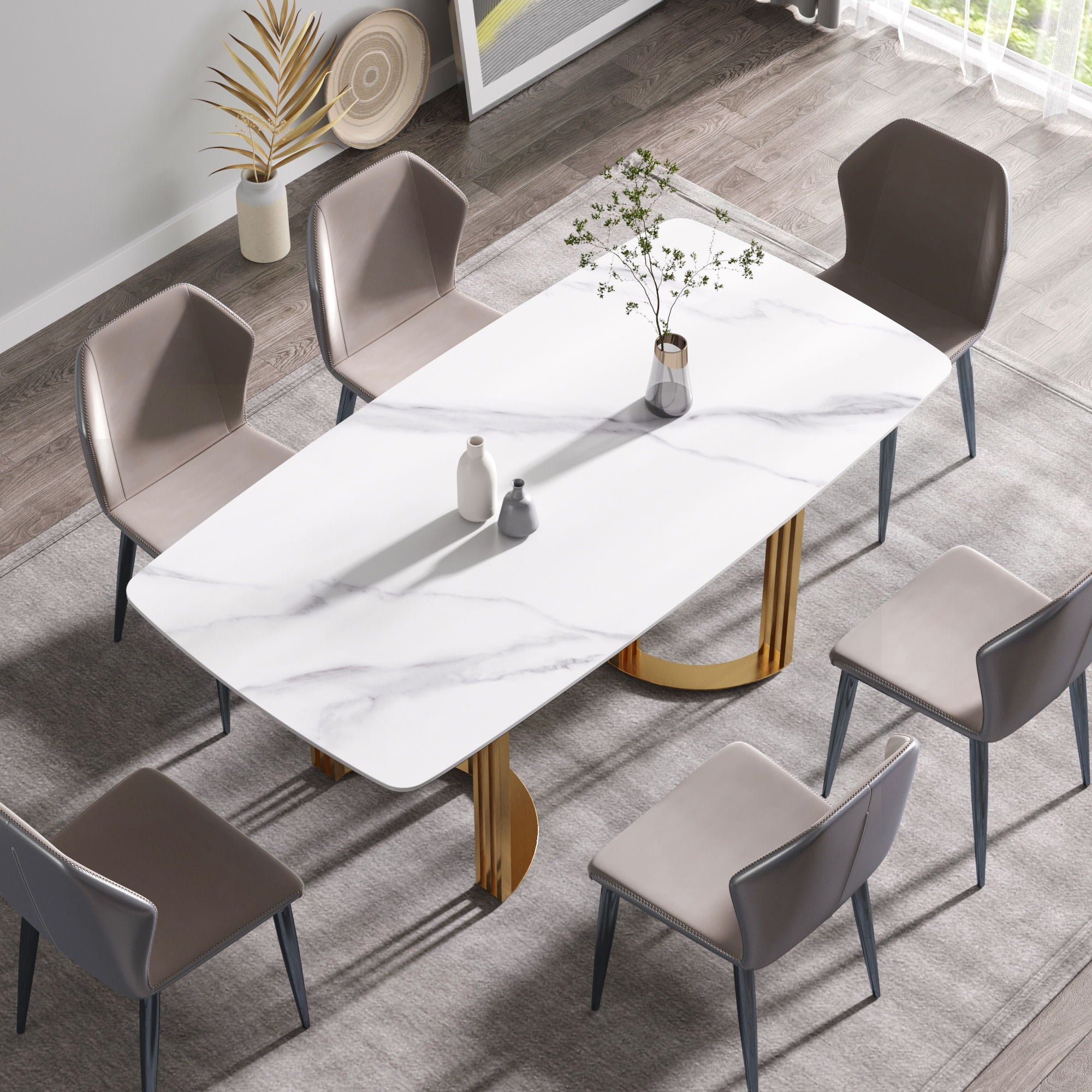 70.87&quot; Modern Artificial Stone White Curved Golden Metal Leg Dining Table, Can Accommodate 6-8 People - White / Gold