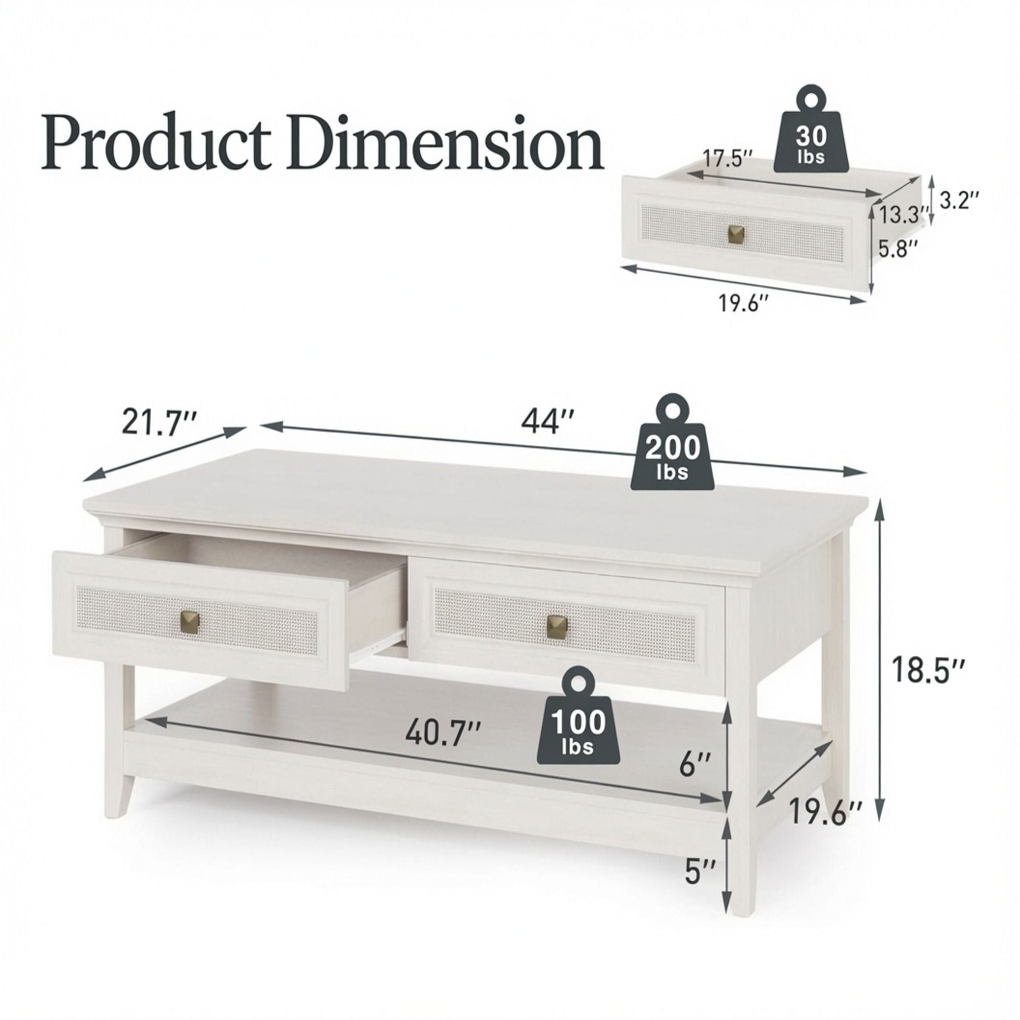 Coffee Table With Drawers &amp; Storage Shelf - White